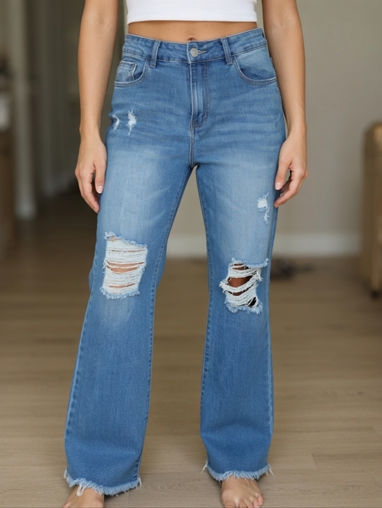 no tags Denim - Distressed High-Rise Wide-Leg Jeans - Light Blue